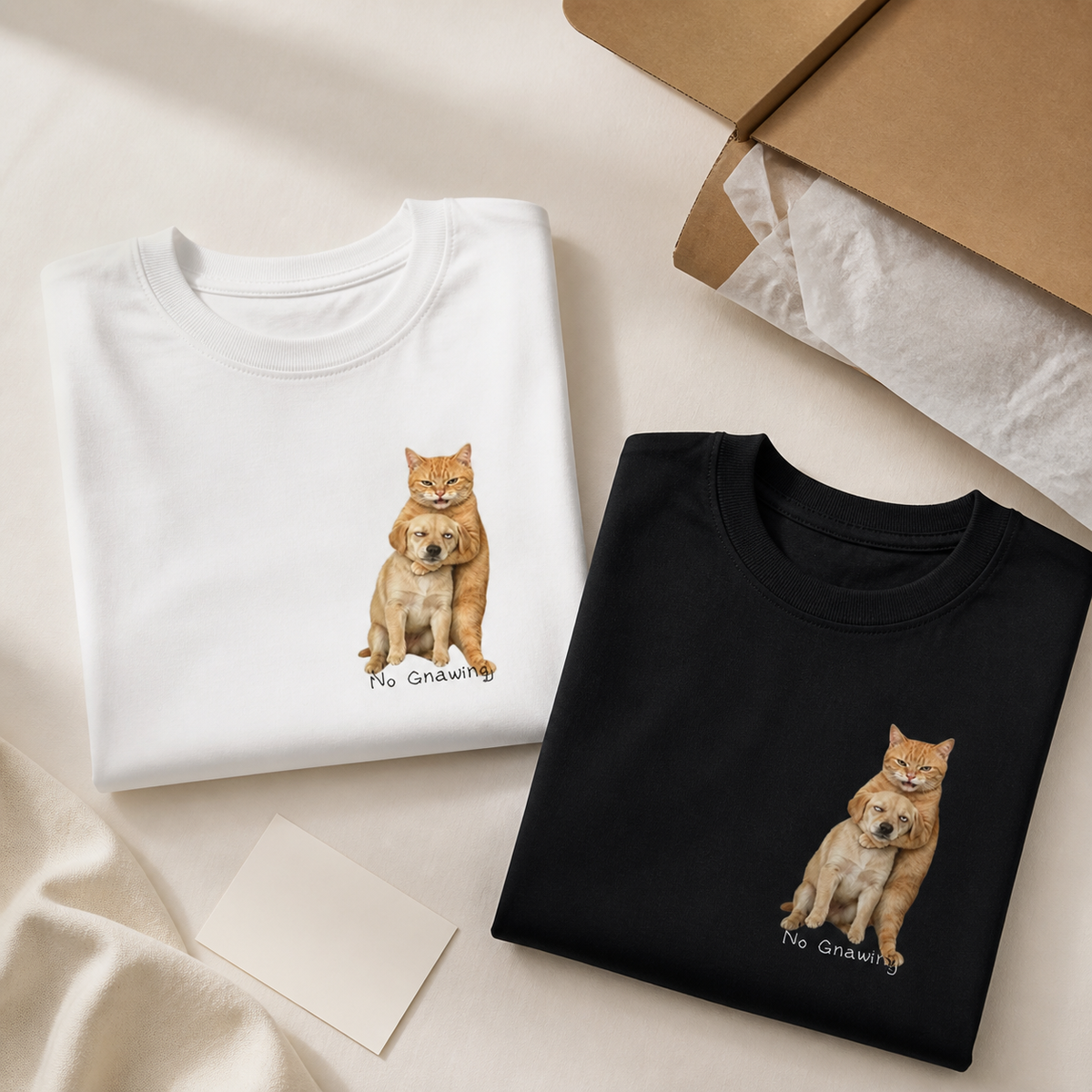 Funny pet graphic tee gift packaging flatlay