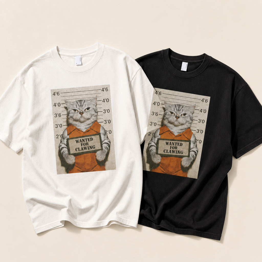 Wanted for Clawing funny cat mugshot graphic T-shirt in black and white
