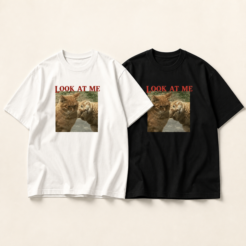 Look at Me funny orange cat graphic T-shirt in black and white