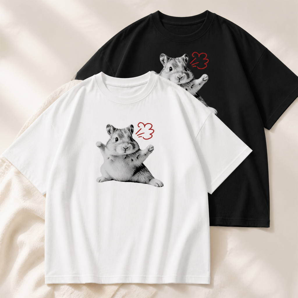 Puff Hamster funny graphic T-shirt in black and white