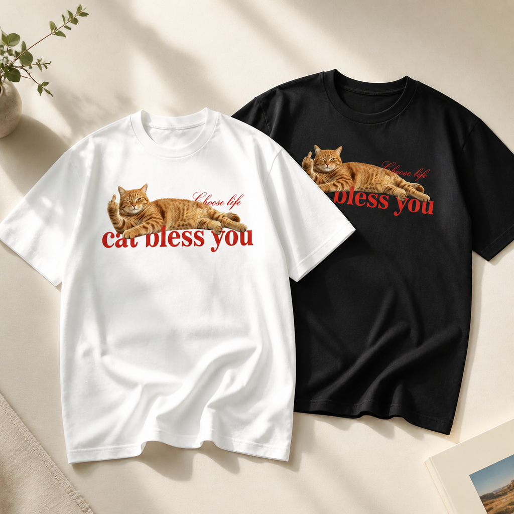 Cat Bless You funny orange tabby graphic T-shirt in black and white