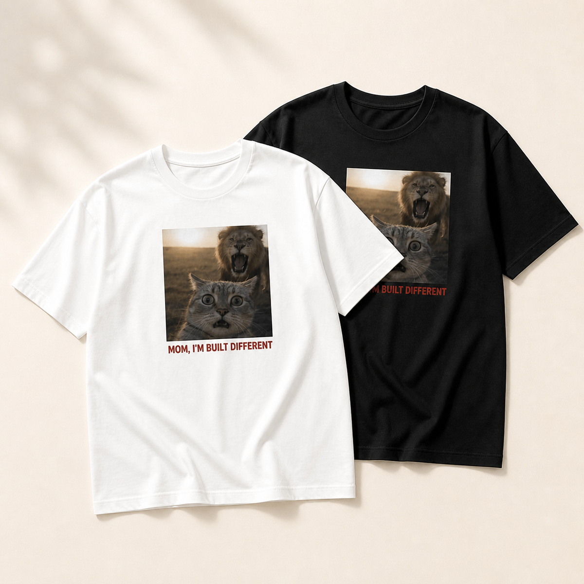 Built Different shocked cat and lion graphic T-shirt in black and white