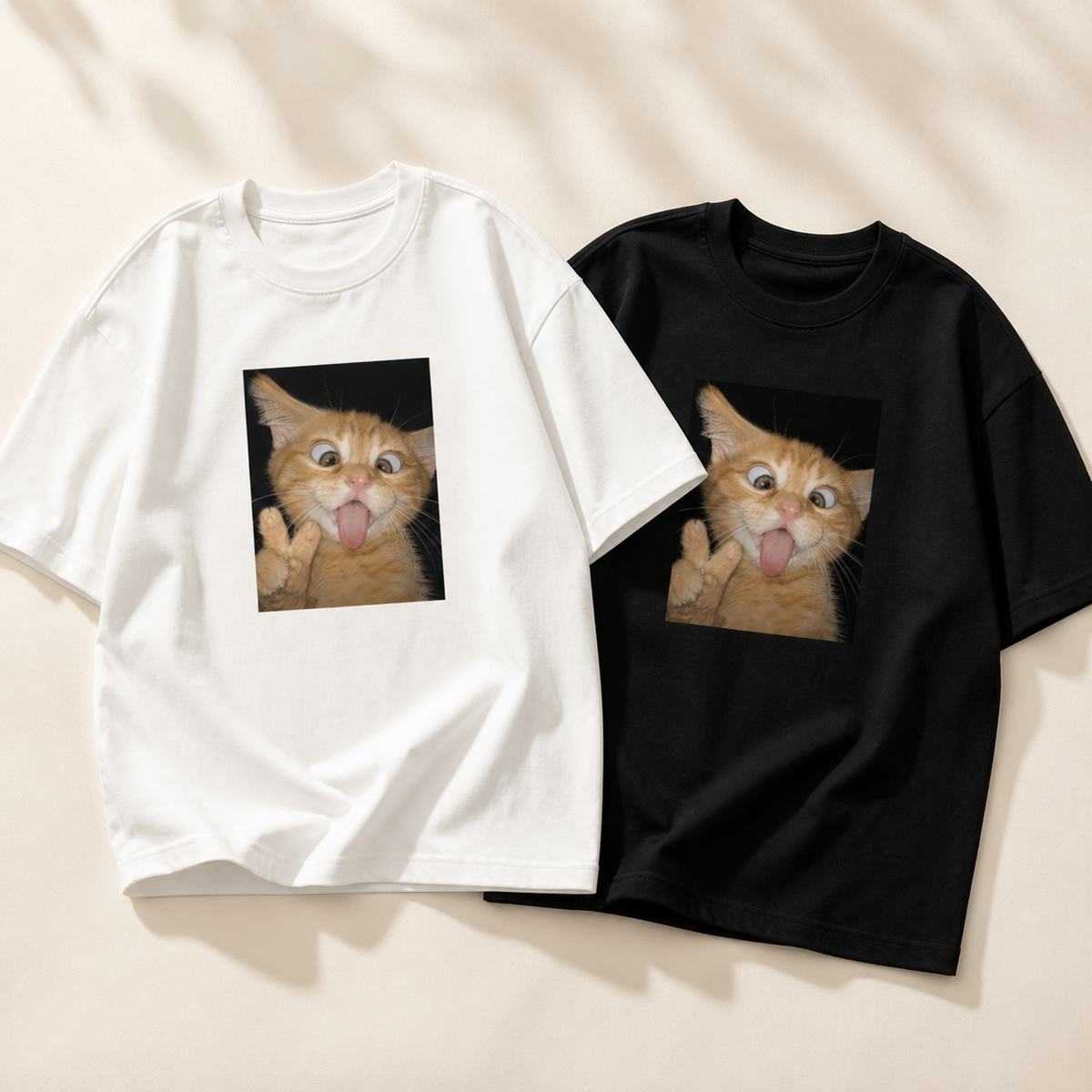 Funny tongue-out orange cat graphic T-shirt in black and white